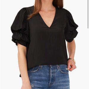 1.STATE Tiered Bubble-Sleeve V-Neck Blouse